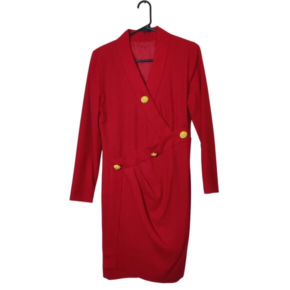 Vintage 80s Red Wool M/L Long Sleeve Blazer Dress Old Money Gold Buttons Preppy - Picture 1 of 11